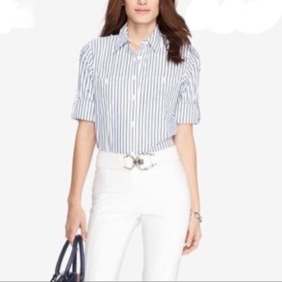 Ralph Lauren Tops - Ralph Lauren Green Label Striped Roll Tab Top